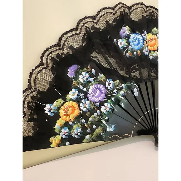 Handpainted Black Lace Hand Fan Multicolor - Picture 2 of 4